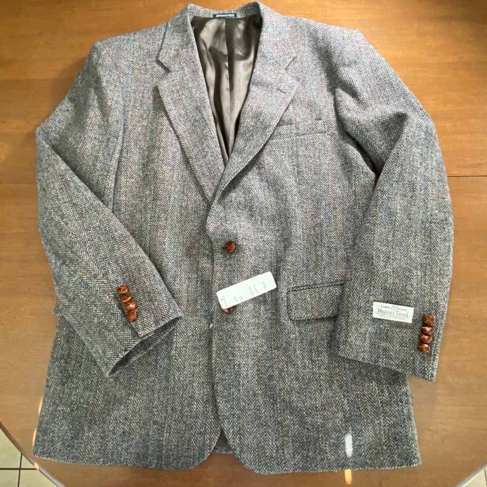 Merit Harris Tweed Grey Herringbone Wool Blazer Sport Coat 44L Tailored in USA